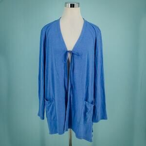 LOGO Lori Goldstein Size XL Blue Tie Long Sleeve Asymmetrical Linen Cardigan